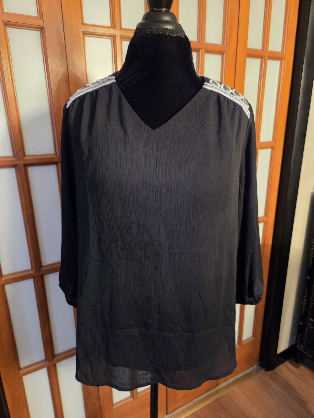 Bob Mackie Wearable Art Black V-Neck Tunic with Silver Shoulder Embellishment 10